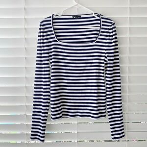 J.Crew Womens XL Navy White Striped Square Neck Ribbed Long Sleeve Top